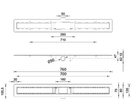 Душовий трап STYRON со стеклянной решеткой 700 мм (ACID-ETCHED) с "сухим" сифоном STY-G1-70