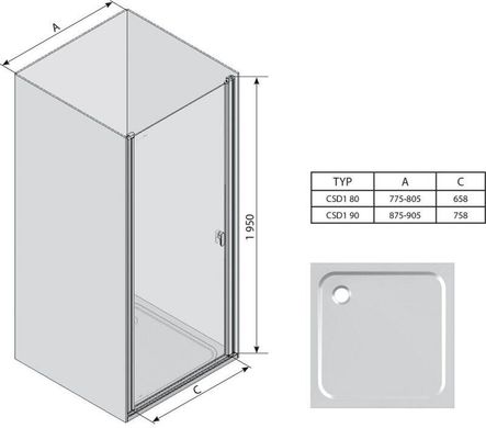 Душевая дверь RAVAK Chrome CSD1-80 одноэлементная, распашная 800 мм h1950, профиль полированный алюминий, стекло TRANSPARENT 0QV40C00Z1