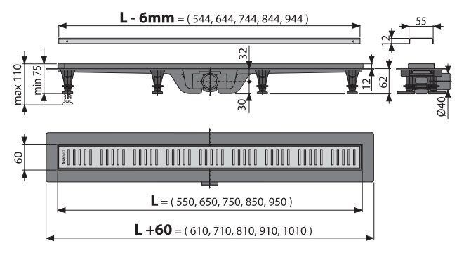 Трап для душу ALCAPLAST Simple линейный 750 мм, нержавеющая сталь APZ10-750M