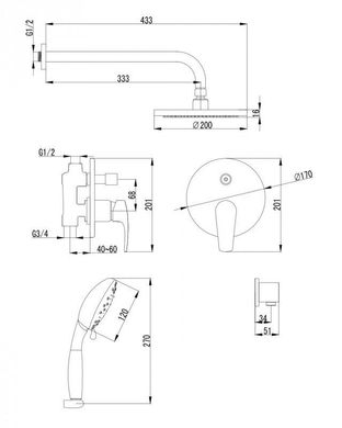 Душевой набор для скрытого монтажа IMPRESE JESENIK встраиваемый смеситель, верхний и ручной душ, хром VR-15140