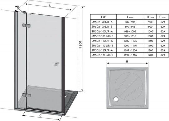 Душевая дверь RAVAK SmartLine SMSD2-100 A-L двухэлементная, распашная левая 1000 мм h1900, профиль хром, стекло TRANSPARENT 0SLAAA00Z1