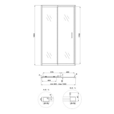 Душевая дверь в нишу Qtap Taurus CRM209-1.C6 90-100x185 см, стекло Clear 6 мм, покрытие CalcLess