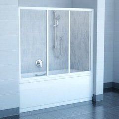 Шторка для ванни з дверима RAVAK AVDP3-120 трьохелементна, розсувна 1170-1210x1370 мм профіль сатин, скло RAIN 40VG0U0241, 1170