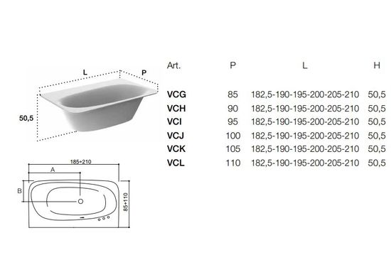 Ванна з штучного каменю Falper Vascamisura 182.5-185-190-195-200-205-210 х 110 пристінна, білий матовий (VCL), 182,5x110, 1825, 182,5x110, 1100