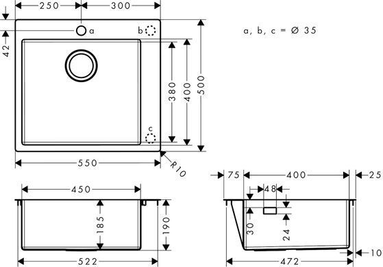 Кухонна мийка HANSGROHE S711-F450 1X35&Oslash; 550х500 STAINLESS STEEL (43301800)