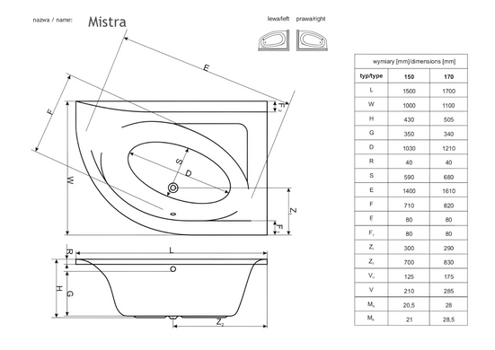 Ванна акриловая RADAWAY MISTRA 150x100 L / ножки / сифон (WA1-07-150x100LS)