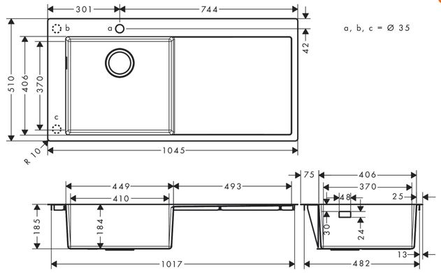 Hansgrohe Кухонная мойка S716-F450 на столешницу 1x35Ø 1045х510, полка справа Stainless Steel (43331800)