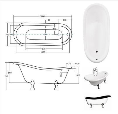 Ванна акрилова окремостояча BESCO OTYLIA 160х77 + ніжки бронза (00000011483)
