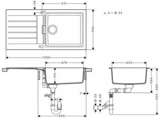 Мойка для кухни HANSGROHE S52 S520-F480 / сушилка слева / черный / графит (43358170)