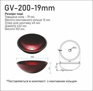 Раковина стеклянная KRAUS MULTI-COLOR IRRUPTION RED 43.2х43.2 (GV-200-19MM)