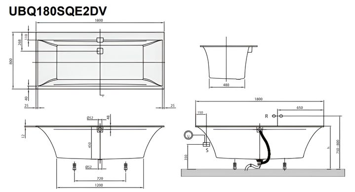 Квариловая ванна Villeroy & Boch Squaro Edge 12 180х80 (UBQ180SQE2DV- 01), 1800, 180x80, 180, 800, 450