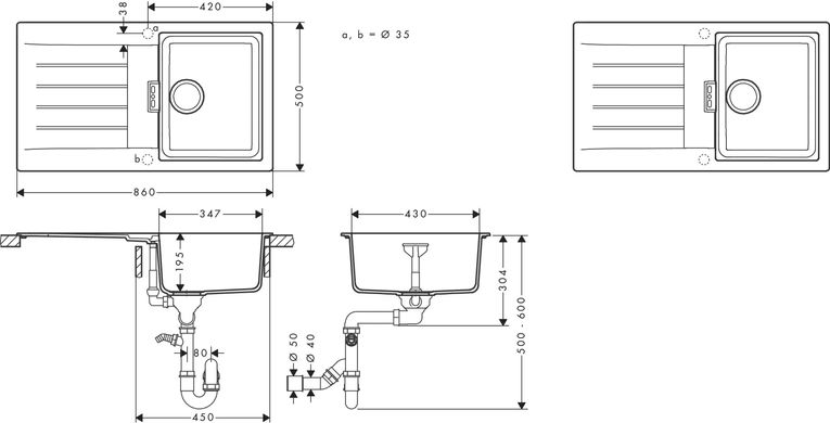 Мийка для кухні HANSGROHE S52 S520-F345 / сушилка зліва / чорний / графіт (43356170)