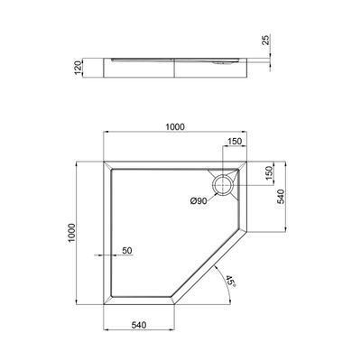 Душовий піддон акриловий QTAP DIAMOND 100х100х12 / п'ятикутний + сифон (DIAMOND301112)