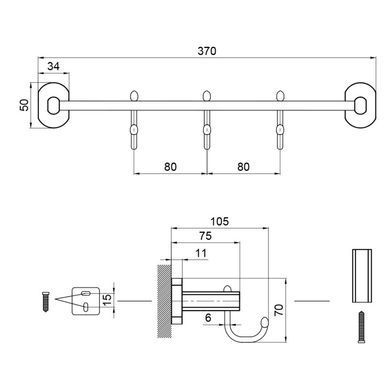 Тримач для рушників з гачками QTAP LIBERTY 365мм BLACK (QTLIBBLM1154-3)