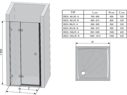 Душевая дверь RAVAK Brilliant BSD2-100 A-L двухэлементная, распашная левая 1000 мм h1950, профиль хром, стекло TRANSPARENT 0ULAAA00Z1