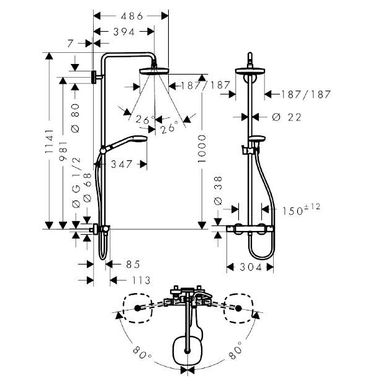 Hansgrohe Душевая система Croma E Showerpipe Select 180 2jet Showerpipe с термостатом белый хромированный (27256400)