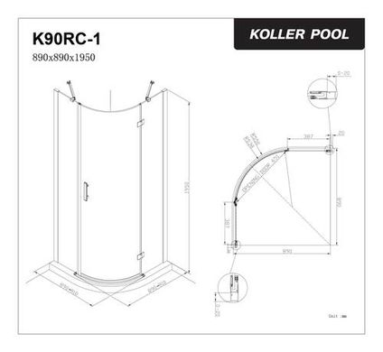 Душевая кабина KOLLER POOL KVADRO 890x890x1950 / полукруглая / CLEAR (K90RC-1)