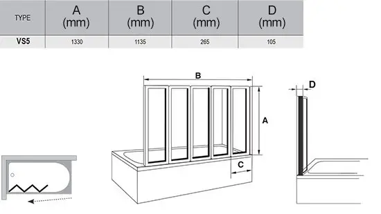 Шторка для ванны RAVAK VS5 пятиэлементная, 1135x1330 мм профиль белый, стекло RAIN 794E010041, 1135
