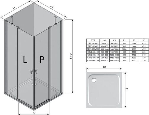 Душевая дверь RAVAK Chrome CRV2-110 четырёхэлементная, 1100 мм h1950, профиль полированный алюминий, стекло TRANSPARENT 1QVD0C00Z1