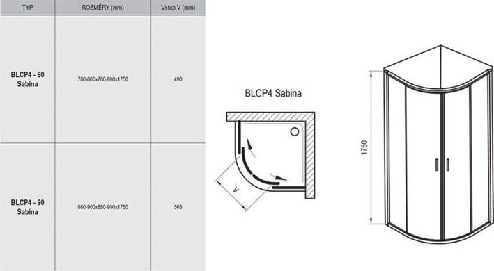 Душевая кабина RAVAK Blix BLCP4-80 SABINA полукруглая, 800x800 мм h1750, профиль полированный алюминий, стекло GRAPE 3B240C40ZG