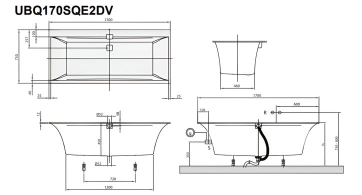 Квариловая ванна Villeroy&Boch Squaro Edge 12 170х75 (UBQ170SQE2DV-01), 1700, 170x75, 165, 750, 450