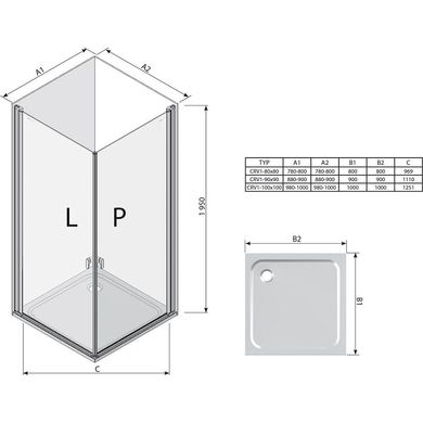 Душевая дверь RAVAK Chrome CRV1-100 двухэлементная, 1000 мм h1950, профиль полированный алюминий, стекло TRANSPARENT 1QVA0C01Z1