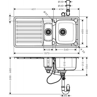 Hansgrohe Кухонна мийка S4113-F540 на стільницю 1075х505 з сифоном automatic (43339800) Stainless Steel