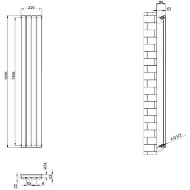 Радиатор ARTTIDESIGN TERNI 1500X236 RAL9016 Подключение боковое разностороннее