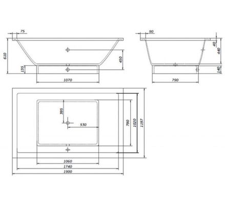 Ванна из искусственного камня Rock Design Классика XXL 190x120 К22401226, 190x120, 1900, 190x120, 430, 1197, 610