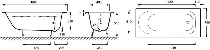 Чавунна ванна Jacob Delafon Soissons 160x70 (E2931-00)+ніжки, 1600, 160x70, 145, 700, 390