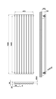 Вертикальный дизайнерский радиатор отопления ARTTIDESIGN Rimini 8/1500/472 серый матовый