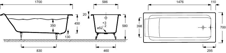 Чугунная ванна Jacob Delafon Parallel 170x70 (E2947-00)+ножки, 1700, 170x70, 129, 700, 450