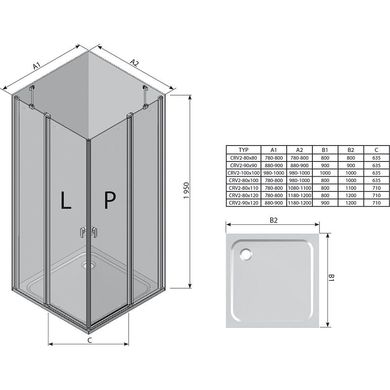 Душевая дверь RAVAK Chrome CRV2-100 четырёхэлементная, 1000 мм h1950, профиль полированный алюминий, стекло TRANSPARENT 1QVA0C00Z1