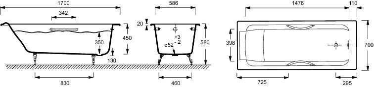 Чугунная ванна Jacob Delafon Parallel 170x70 (E2948-00)+ножки, 1700, 170x70, 129, 700, 450