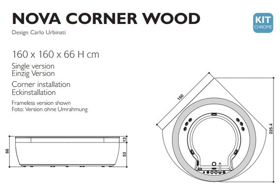 Ванна акриловая отдельностоящая JACUZZI NOVA CORNER WOOD H66 160х160 + деревянное обрамление (9Q43553A)