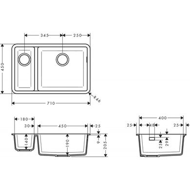 Hansgrohe Кухонна мийка S510-U635 під стільницю 710х450 дві чаші 180/450 Concretegrey (43433380)