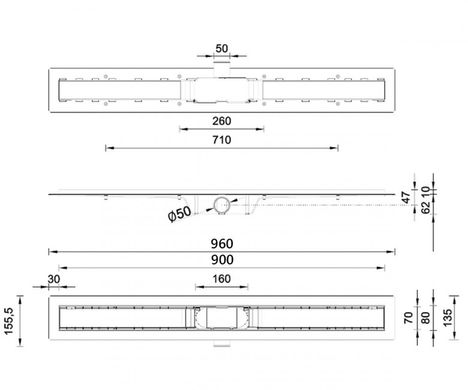 Душовий трап STYRON со стеклянной решеткой 900 мм (ACID-ETCHED) с "сухим" сифоном STY-G1-90