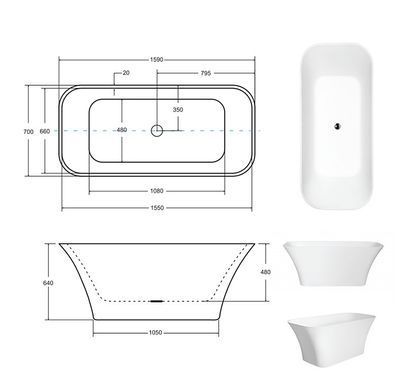Ванна зі штучного каменю окремостояча BESCO ASSOS 160х68 + сифон CLICK‑CLACK (#WMD-160-A)